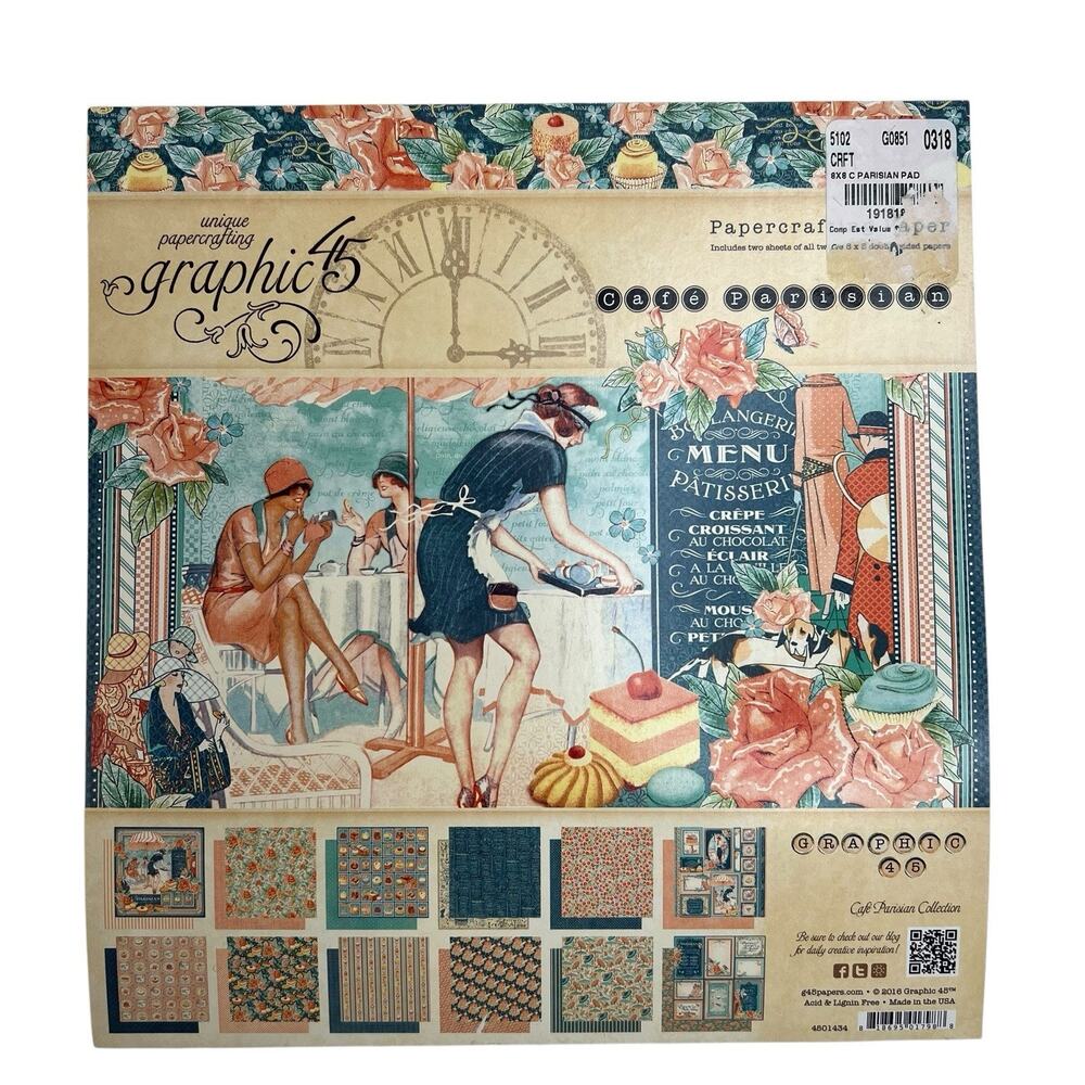 Graphic 45 Cafe Parisian Collection‎ 8 x 8 Paper Pad 2016 Scrapbooking HTF NEW